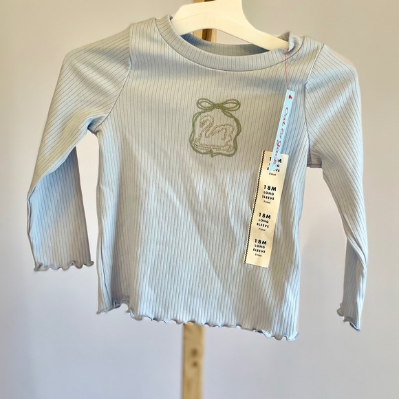 Cat & Jack Other - Cat & Jack Kids Light Blue Ribbed‎ Long Sleeve Swan Embroidered Top 18M NWT